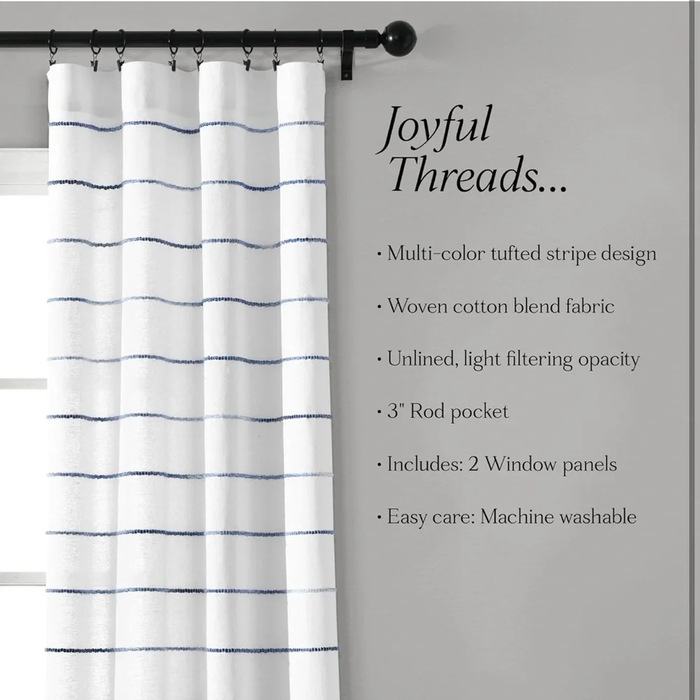 Ombre Stripe Curtain Panel Set, 2, 40''W x 84''L, Navy, Rod Pocket,Farmhouse